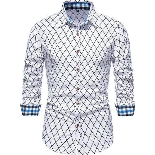 Mens Rhombus Plaid Casual Shirt 2021 Brand Slim Fit Long Sleeve Shirts Men Button Down Male Social Party Shirt Chemise Homme XXL
