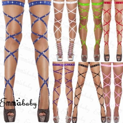 Sexy Women Lingerie Bandage Fishnet Stockings Thigh-High Crystal Studded Thigh High Leg Rave Wraps Strappy Rhinestone Tights