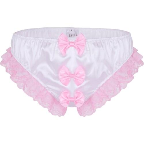 IEFiEL Sexy Mens Lingerie Sissy Bikini Briefs Shiny Ruffles Floral Lace Three Big Bows Sissy Stretchy Briefs Underwear Panties