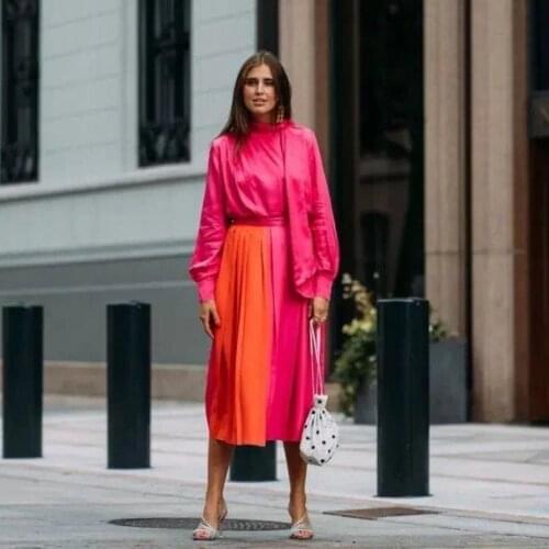 Chique Skirts Long Saias mujer faldas Satin Band Zip a line Fuchsia And Orange Custom Woman Skirt Midi 2021