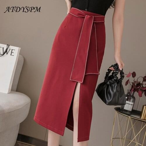 Simple Korea Style Elegant Slit High Waist Midi Skirts Woman Bright Line Sashes Design Package Hip Skirt Office A-Line Skirts