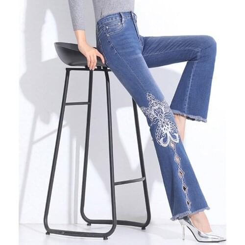 FERZIGE Jeans Hollow Out Embroidery Casual Pants Women Fashions High Waist Slim Fit Jeans Female Luxury Trousers Blue Plus Size