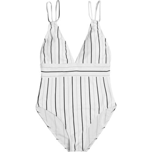 Striped White Plunge Push Up Swimsuit For Womens Sexy V Neck Swimwear High Waist Monokini Bikini Double Straps Swimming Suit