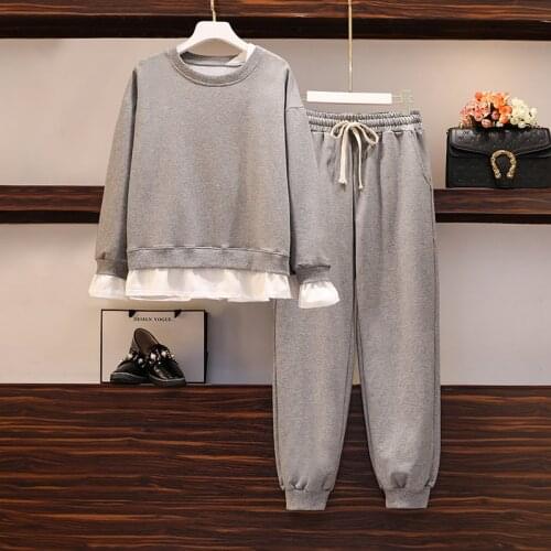 Plus Size Women Tracksuit Autumn Long Sleeve Patchwork Sweatshirt and Elastic Waist Sweatpants Two Piece Set for women clothes