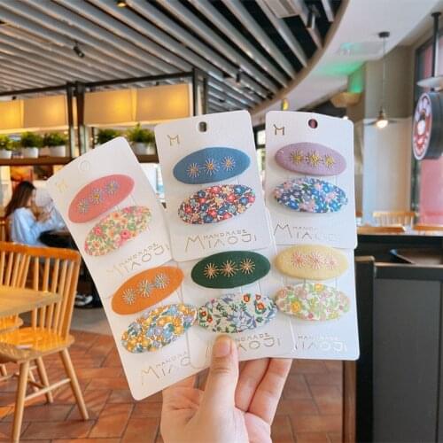 2pcs Hair Clip Pins Girls Kid Floral Embroidery Sweet Hair Accessories Baby Oval BB Clip Barrettes Hair Grips Fashion Headwear