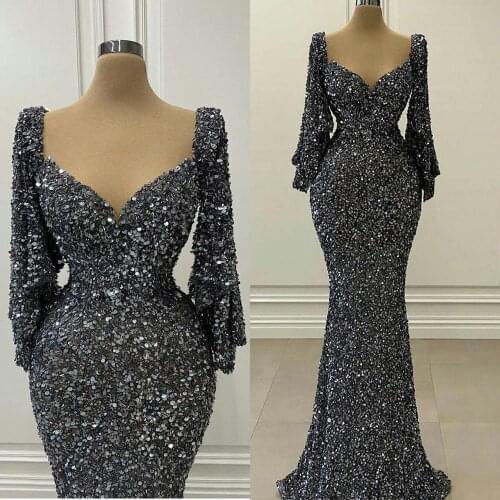 Sparkly Sequined Prom Dresses Sexy V Neck Long Sleeve Sequins Party Evening Gowns Backless Mermaid Gowns robes de soirée