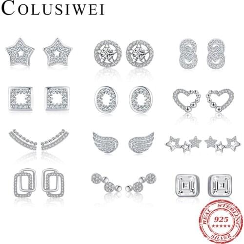 Colusiwei Brand 13 Style Earring for Women 925 Sterling Silver Clear CZ Star Hearts Wings Geometric Stud Earring Wedding Jewelry