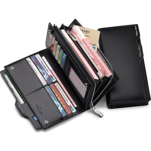 WILLIAMPOLO New Long Wallet Mens Leather Large Capacity Man Clutch Wallet Bag Youth Multi Card Position Wallets Men