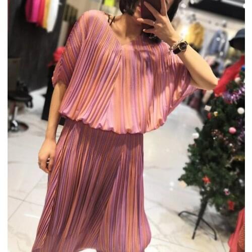 Miyake new Style v-neck half sleeve T-shirt in the fold ankle-length pants striped two-piece outfit IN STOCK