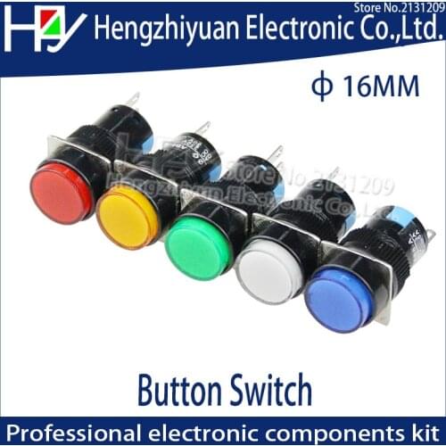 Hzy 16mm DC 6V 12V 24V 220V Push Button Switch Blue Green Red Yellow White lamp Momentary push button auto reset 6.3V