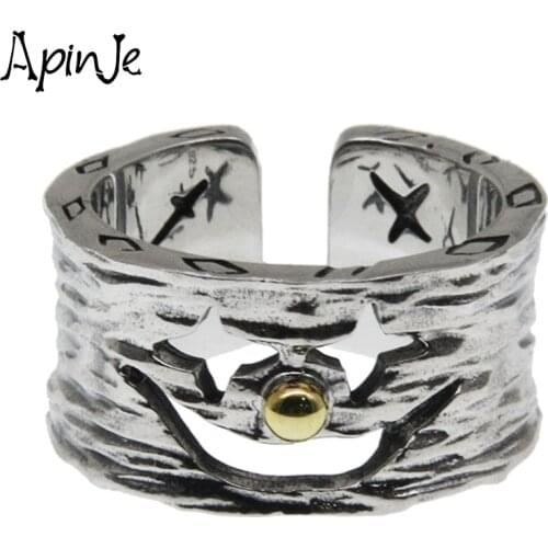 Apinje 925 Sterling Silver Open Ring for Men And Women Fashion Smiling Clown Face Jewelry