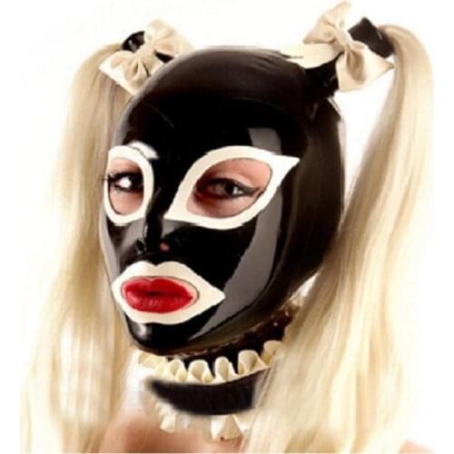 Latex Hood Rubber Mask with Hairpieces Wigs Two Bunch Pony Tails Rear zipper Brown Blonde neck Frills Bows