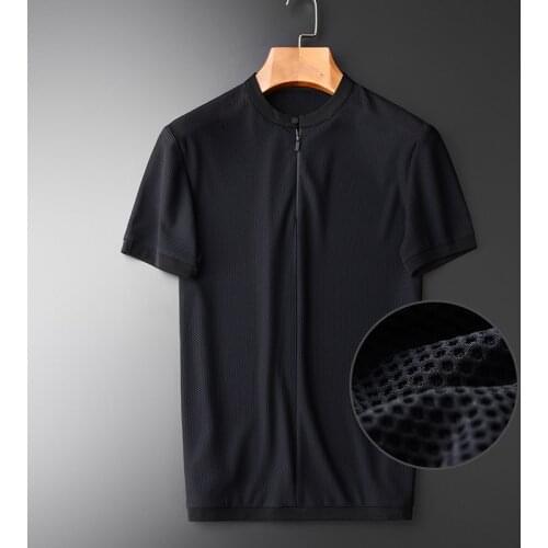 Summer Thin Mesh Fabric Zipper Stand Collar Short Sleeve New Arrival Ventilate Balck Mens T-shirts Plus Size 4XL