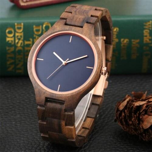 Full Wooden Minimalist Blue Dial Rose Gold Hands Quartz Men Watches Casual Simple Mens Wood Bangle Wristwatch New 2020