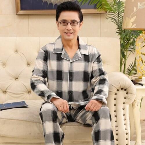 New Lapel Pure Cotton Mens Autumn Long Sleeve Long Pants Pajama Set Big Size M-3XL Sleepwear Leisure Suits Nightwear Men Pijamas