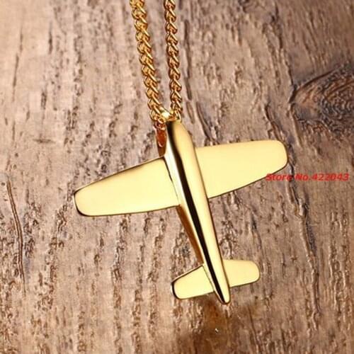 Charming Aircraft Plane Pendant Necklace Mens Womens Gold Polished Jewelry 316L Stainless Steel Airplane Necklace Xmas Gift
