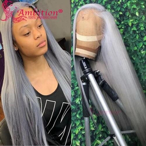 Ambition Human Hair Lace Front Wigs Grey Wavy Hair Preplucked Lace Frontal Wig HD Transparent Gray Straight Glueless Lace Wigs