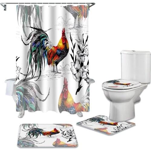 Rooster Farm Watercolor Cock Flower Poultry Shower Curtain Sets Non-Slip Rugs Toilet Lid Cover and Bath Mat Bathroom Curtains