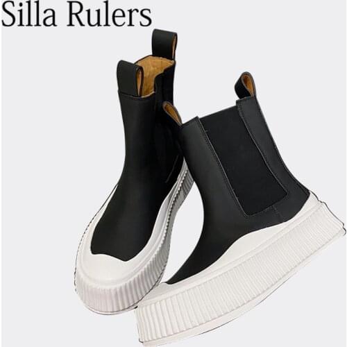 Runway Genuine Leather Thick bottom Lace Up Chelsea Boots Woman Round Slip On Ankle Boots Woman Fashion Motorcycle Boots Woman
