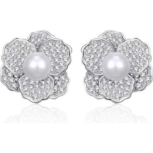 Luxury AAA Cubic Zirconia Flower Stud Earrings with 6MM Pearl Silver Color CZ Gem Stone Fine Jewelry for Women Accessories Gifts