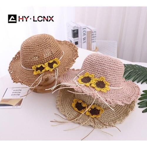 Summer New Sun Flower Decoration Breathable Children Sun Straw Hat Boys Girls Outdoor Big Brim Flat Beach Fisherman Hat