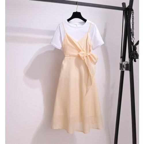 Summer Ladies Sweet French V-Neck Striped Suspender Dress + White Round Neck Bottoming T-Shirt Two-Piece Gentle Style S-XL 2021