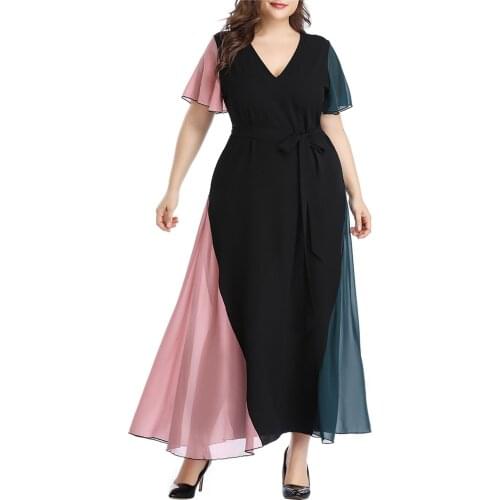 Stitching Plus Size Dresses For Women Party Womens Fashion Casual V-neck Collision Color Lacing Large Size Dress Vestidos Mujer
