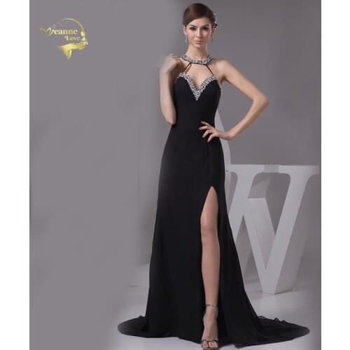 Fashion Sexy Vestido De Festa Halter Heart Evening Dresses 2019 Black Chiffon Open Leg Prom Robe De Soiree Lady Dress OL5207