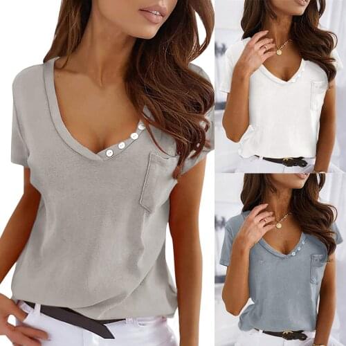 2021 Summer Solid Women T-Shirts Womens Casual Solid Buttons V-neck Loose Short Sleeve Ladies Sexy T-shirt Top blusas mujer