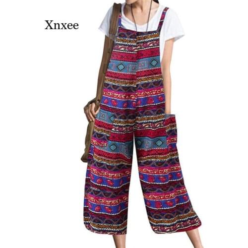 2021 Plus Size Jumpsuit Boho New Womens Jumper Overalls Print Loose Romper Oversize Ladies Dungarees Pockets Tank Cropped Pants