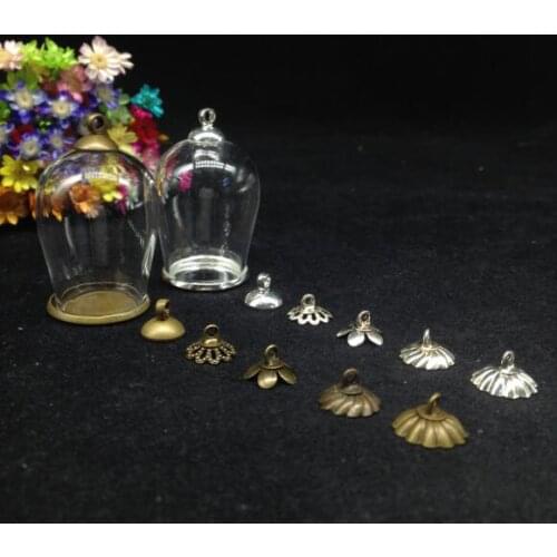 300sets/lot 30*18mm Cloche oval shaped arch wishing bottle jar classic tray cap glass vial pendant necklace glass globe jewelry