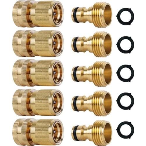 Garden Hose Quick Connectors Solid Brass 3/4 Inch GHT Thread Easy Connect Fittings No-Leak Water Hose Male Female Value 5 Pack
