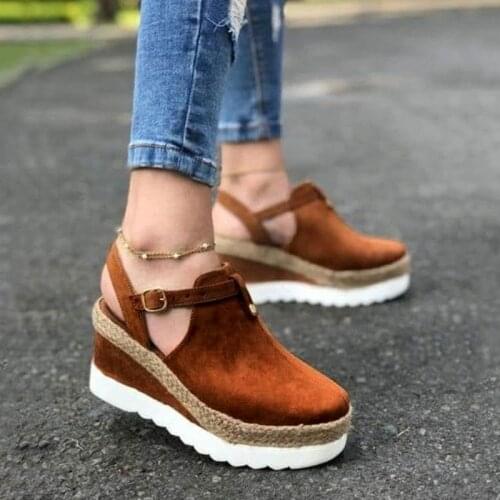 Womens Sandals Vintage Wedge Shoes Woman Buckle Strap Straw Thick Bottom Flats Platform Sandals Flock Female Shoes Summer 2021