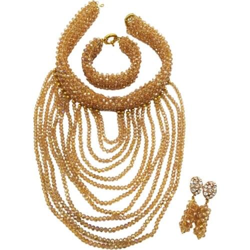 Dubai Gold Costume Crystal Beaded Necklace Earrings Nigerian Wedding African Beads Jewelry Set for Women Party Gift DDK001