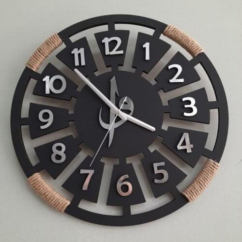 HLO 2021 Rope Wound Black Wooden Vav Wall Clock Decorative Quality Wooden Metarial Fair Price Silent Mechanism Home Decoration