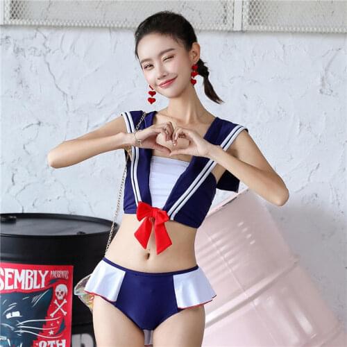 2021 New Student Navy Feng Shui Hand Suit Japanese Photo Small Fresh And Cute Girl Triangle Bow Embellished Swimsuit Two-Piece