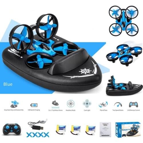 Mini Drone Boat Car 3 In 1 RC Drone Quadcopter RC Car Hovercraft Boats Drones with LED Light 360° FLIPS AND ROLLS 3 In 1 Toys
