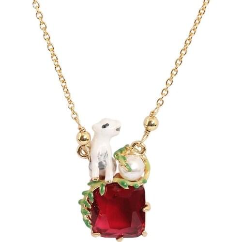 MIQIAO Gold Handmade Cute Polar Bear Red Stone Zircon Boho Pearl Pendant Collar Chains Necklace for Women Couple Friends Gift