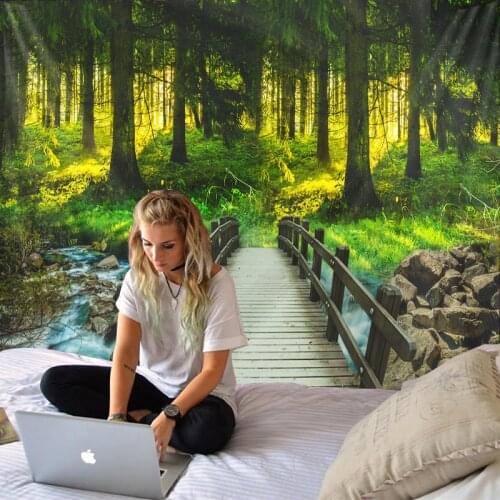 Natural wall tapestry with trees, woods, wooden bridge, river, landscape carpet, fabric wall tapestry, hippie tapestry with tree