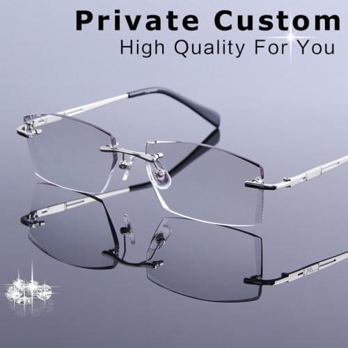 New Luxury Tinted Lenses Myopia and Reading Glasses Diamond Cutting Rimless Prescription Glasses for Man Anti-fatigue Spectacles