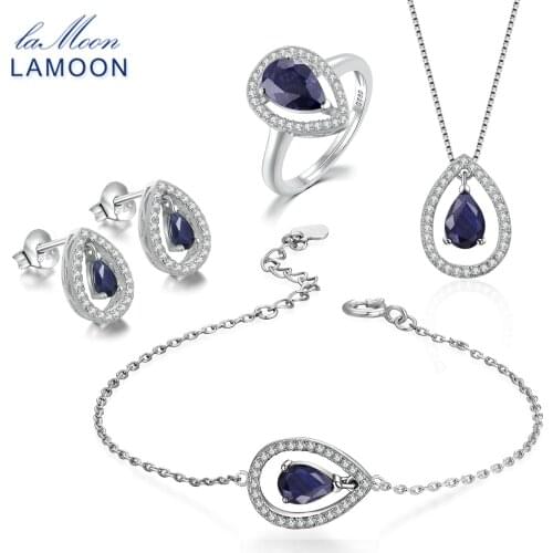 LAMOON Sapphire Jewelry Set for Women Water Drop 100% Real Natural Gemstone 925 sterling-silver-jewelry Ring Earring V040-1