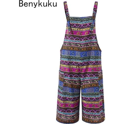 Bohemian Striped Jumpsuits Women Overalls Vintage Print Wide Leg Pants 2021 Cotton Linen Long Summer Clothes Plus Size Rompers