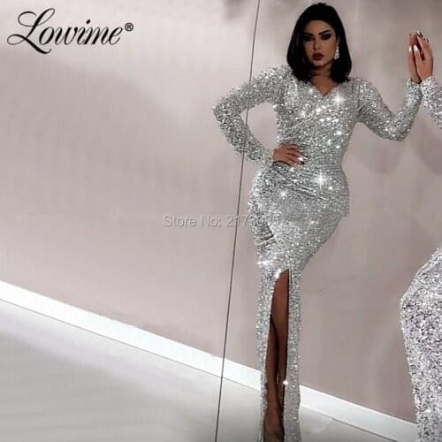 Silver Sequin Floor Length Evening Dresses 2020 Formal V Neck Bling Islamic Dubai Kaftan Party Dress For Middle East Women Prom
