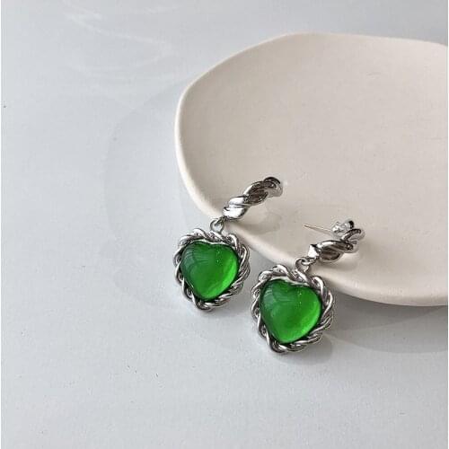 TIME ONLYStatement Green Color Love Heart Dangle Earings for Women Fairy Vintage Rhinestones Earings Jewelry Dropship