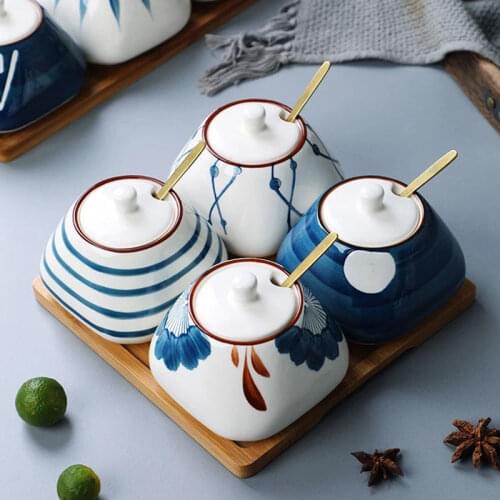 Japanese Ceramic Seasoning Jar with Cover and Spoon for Spices Pepper Salt Sugar Bowl Kitchen Organizer and Storage Container