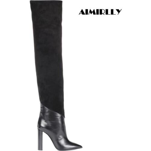 Womens Shoes Pointed Toe High Heels Over The Knee Boots Winter Block Heel Faux Suede & PU Patchwork Slip On Black Aimirlly
