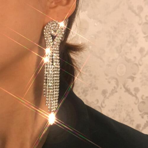 Flatfoosie New Crystal Long Tassel Drop Earrings for Women Silver Color Rhinestone Statement Earrings Wedding Fashion Jewelry