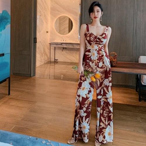 2020 Europe and the United States summer new womens retro printed strap jumpsuit wide leg