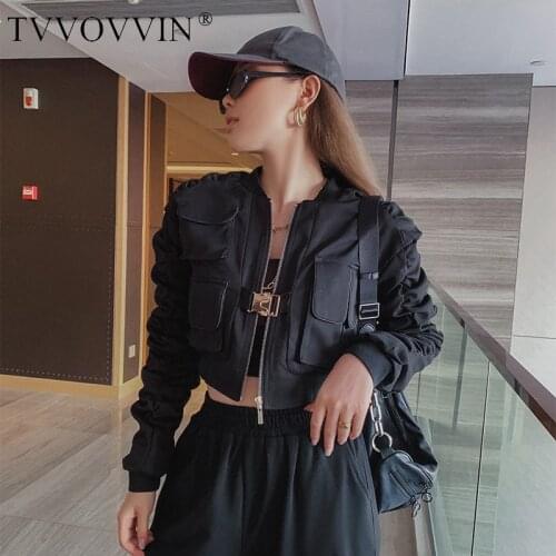 TVVOVVIN Autumn Winter Jacket 2020 New Short Slim Multi-pocket Overalls Womens Full Sleeve Fold Trendy Tops PQJ5