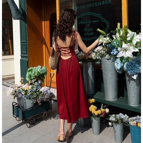Women Long Dress Summer 2021 Runway Elegant V-neck Backless Casual Robe Female Beach Vacation Sexy Strap Party Dresses Vestidos